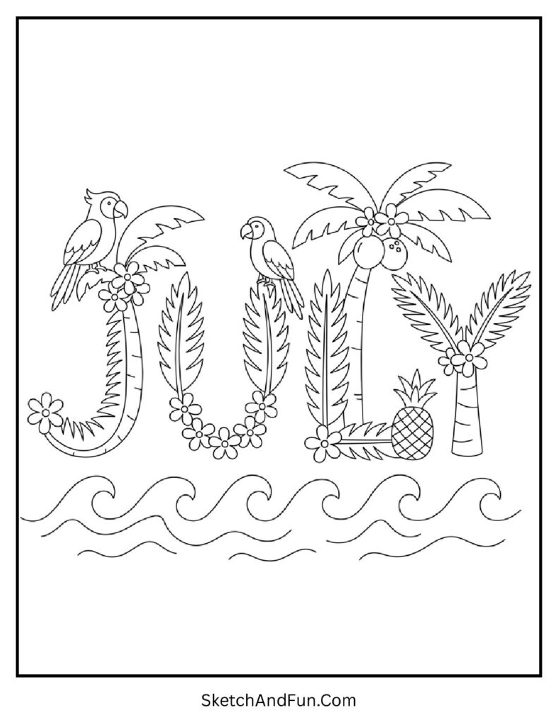 July Tropical Paradise Coloring Page pdf