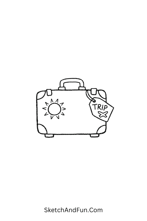 Travel suitcase with tags and stickers, July vacation drawings