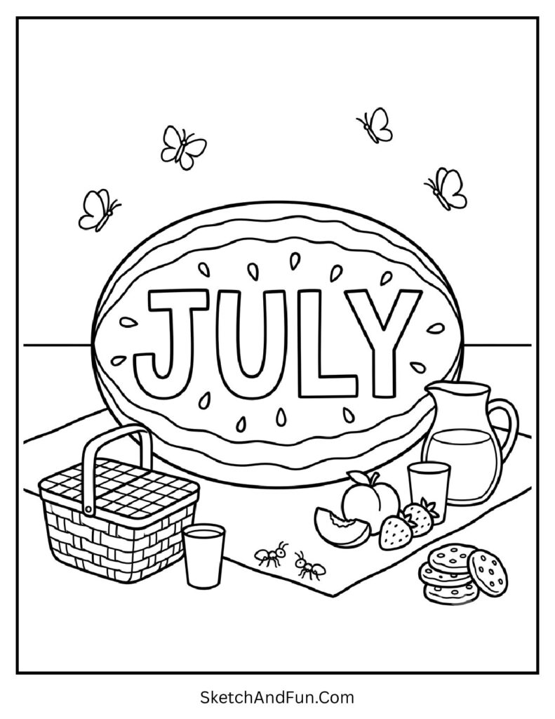 July Watermelon Picnic Coloring Page pdf