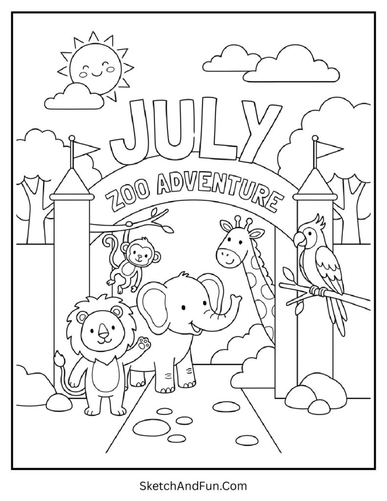 July Zoo Adventure Coloring Page pdf