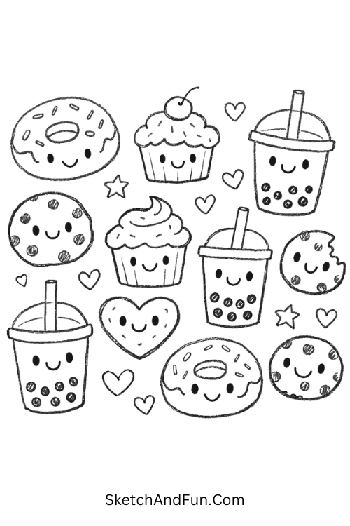 Cute donuts, cupcakes, cookies, and boba cups with happy faces in a full page food pattern, kawaii doodle full page design ideas