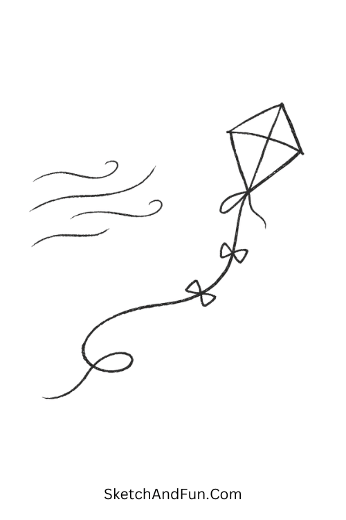 Flying kite with flowing wind lines, August theme drawing ideas