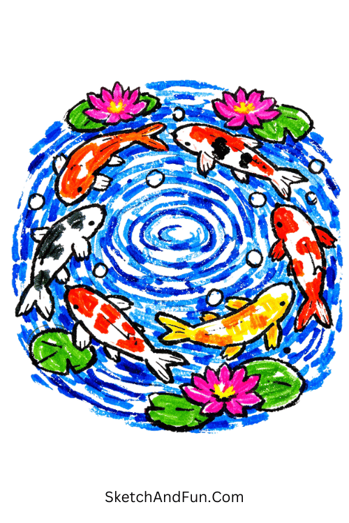 Koi fish swimming in a circular pond with ripples and lotus flowers, alcohol marker drawing ideas
