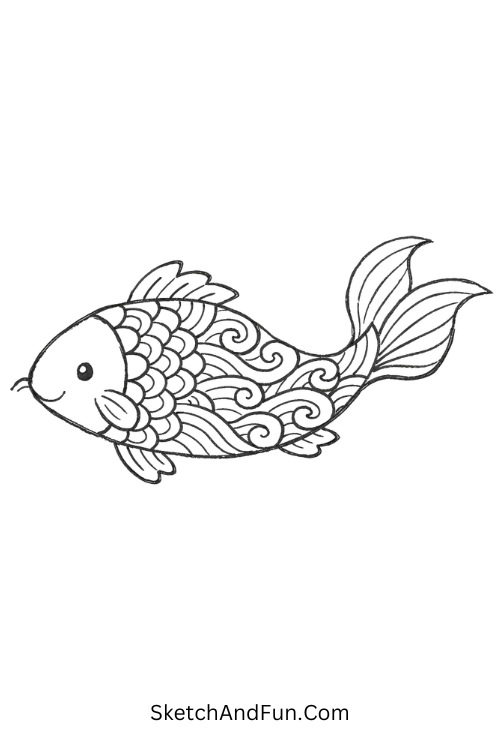 Koi fish with intricate waves and scale textures, Advanced Zentangle patterns