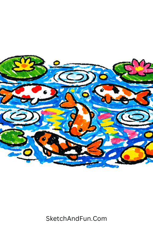 Koi fish swimming in calm blue pond with ripples and reflections, Posca painting ideas