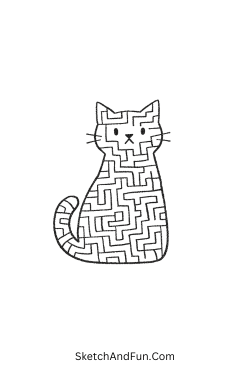 Sitting cat with maze-inspired pathways and details, Zentangle doodles for beginners