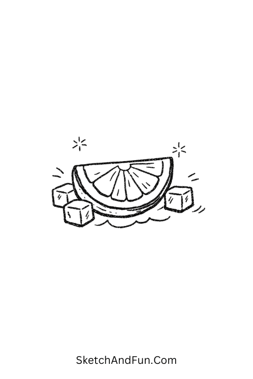 Lemon slice with ice cubes and shine, August drawing with colour
