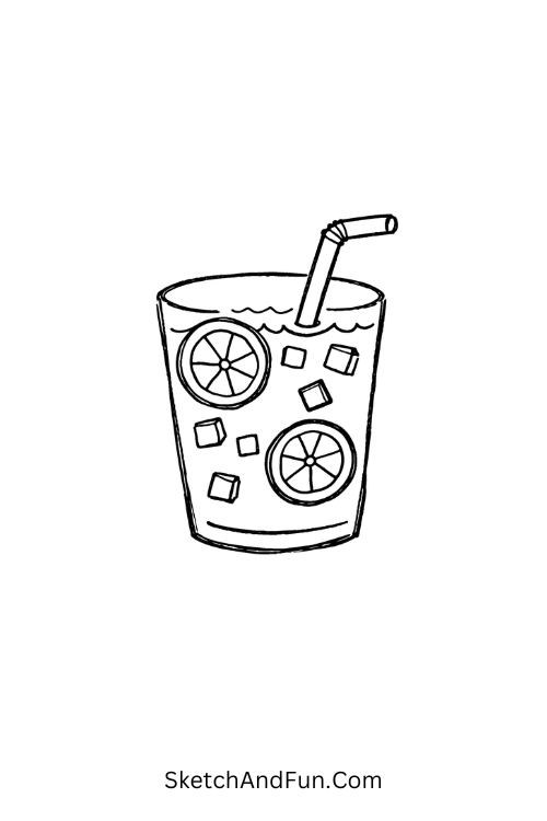 Lemonade glass with ice cubes and lemon slices, July doodles easy