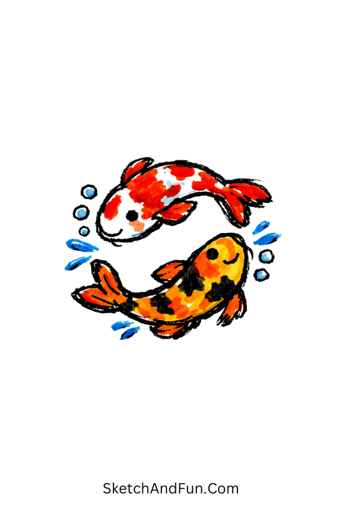 Two koi fish forming a circular flowing water-style design, Step by step acrylic marker drawing tutorials