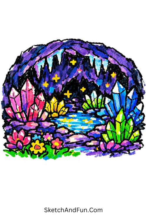 Magical crystal cave glowing with bright fantasy stones, acrylic marker drawing techniques