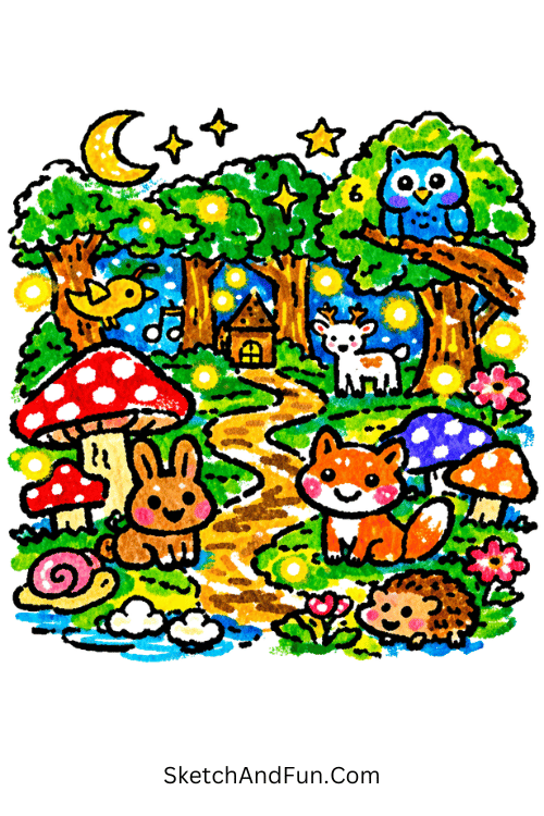 Magical forest with glowing mushrooms and tiny animals, Posca drawing ideas