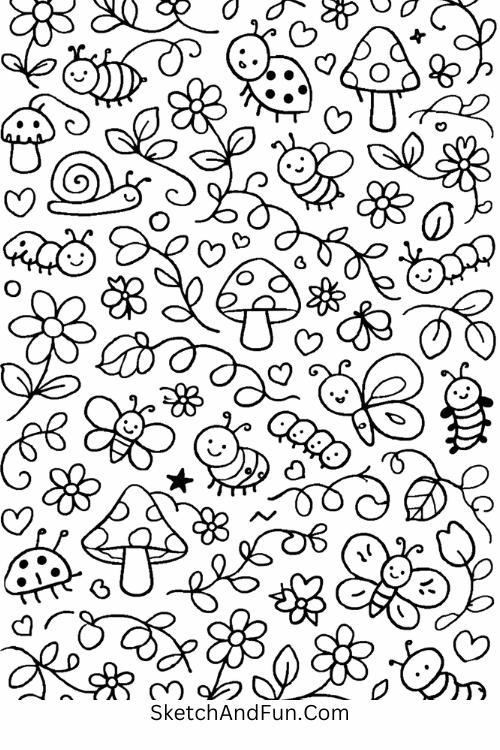 Leaves, flowers, vines, mushrooms, and tiny bugs forming a soft natural garden pattern, hand drawn doodle pattern background easy