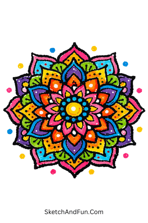 Symmetrical mandala with floral dots and detailed patterns, Posca doodle ideas