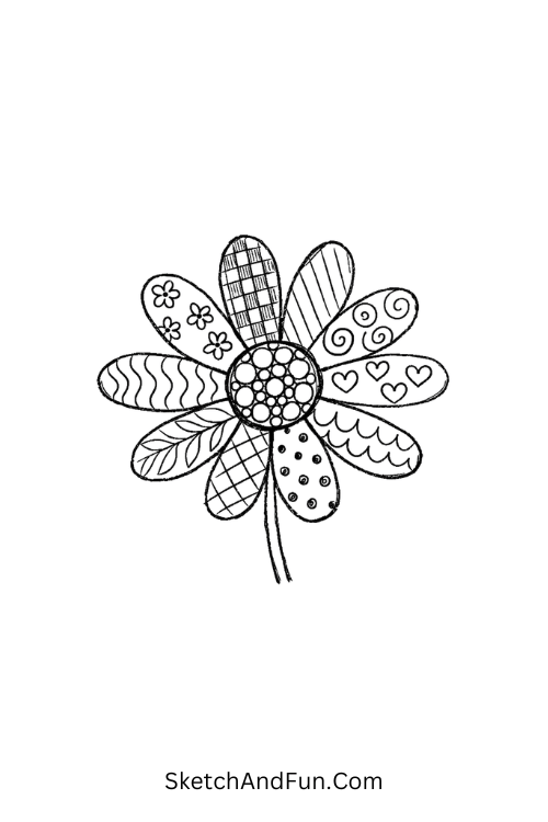 Balanced daisy with repeating petal patterns around center, Zentangle mandala flower patterns