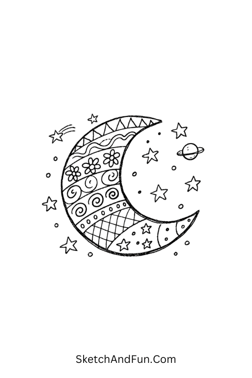 Crescent moon with geometric sections and stars, Zentangle patterns