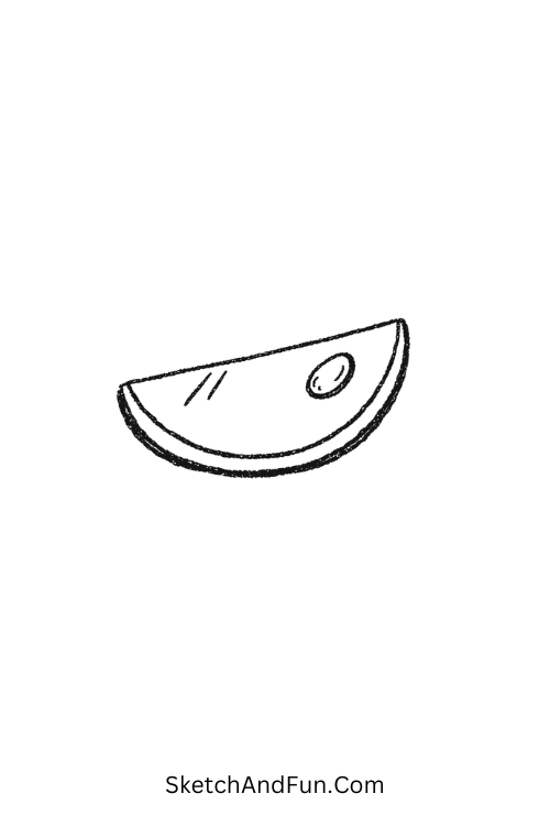 Shiny mango slice with seed detail, August drawing for kids