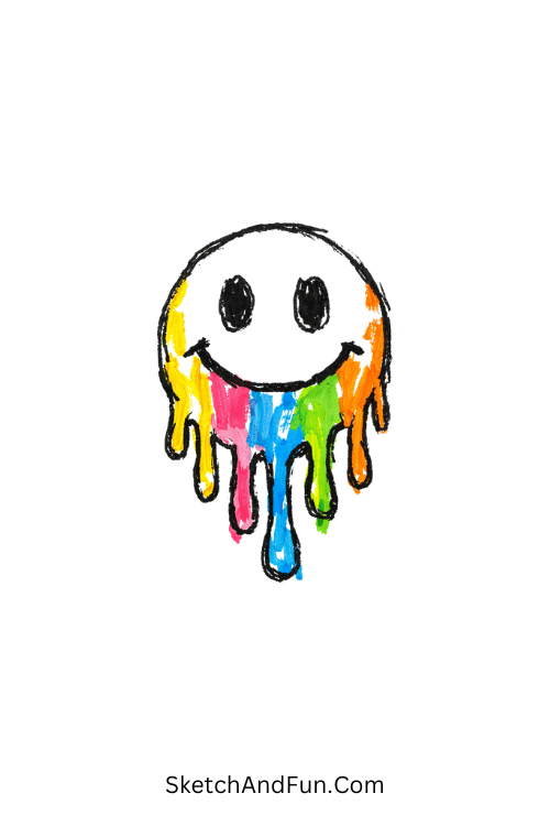 Melting smiley face with colorful drips and bright bold tones, Easy doodle ideas with acrylic paint markers