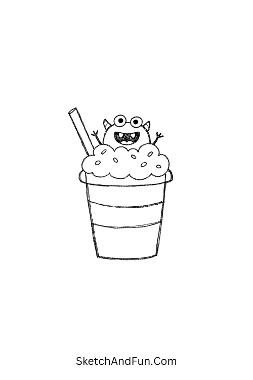Milkshake monster popping out with whipped cream fun, cute funky doodle drawings