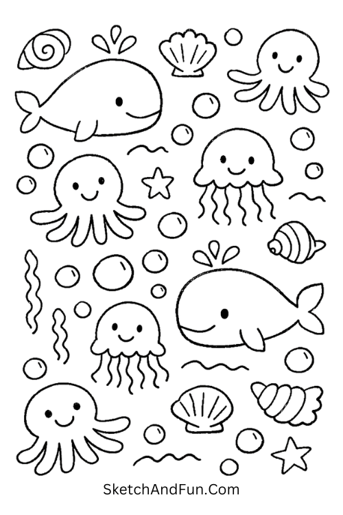 Whales, jellyfish, octopuses, seashells, and bubbles flowing in a smooth ocean pattern, seamless doodle pattern easy drawing