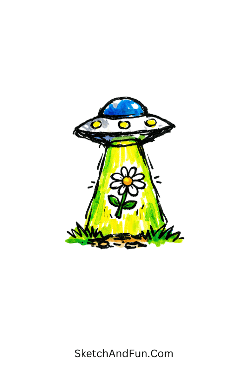 Tiny UFO beaming up a flower in a simple playful space scene, Acrylic marker sketch ideas for school projects