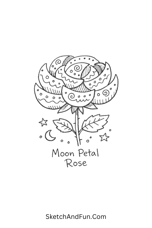 Crescent petal rose with flowing dotted textures, Zentangle flower drawing easy step by step