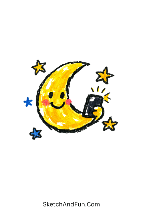 Crescent moon holding a phone with tiny stars, aesthetic things to draw with posca pens