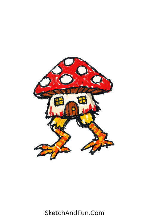 Mushroom house walking on chicken legs, posca pen drawing ideas on paper