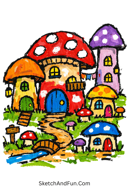Tiny houses built on giant mushrooms in a magical forest world, fun marker art projects for kids