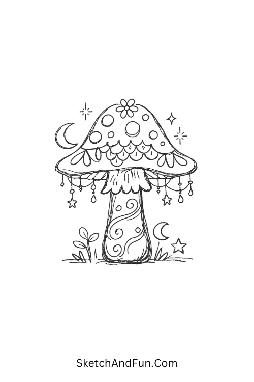 Mushroom with dots, scales, and flowing details, Simple Zentangle designs