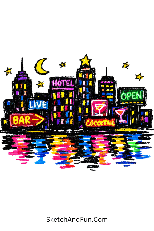 Neon city skyline glowing with lights and night reflections, acrylic marker abstract art ideas