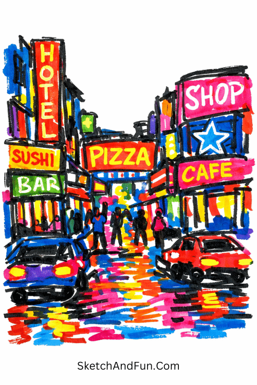 Neon lights and glowing signs in a busy night city scene, aesthetic marker drawing ideas
