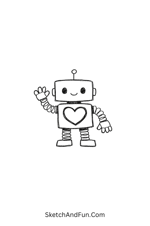 Robot with glowing heart screen and waving arms, funky sketch ideas step by step