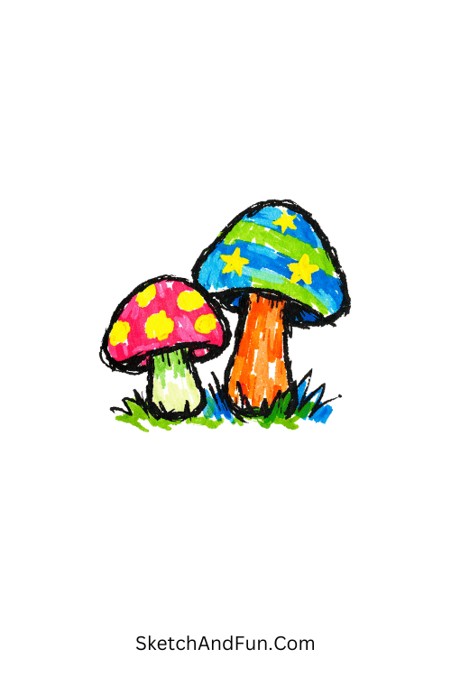 Two glowing mushrooms with neon caps and simple dots in a magical style, Fun acrylic marker drawings for beginners
