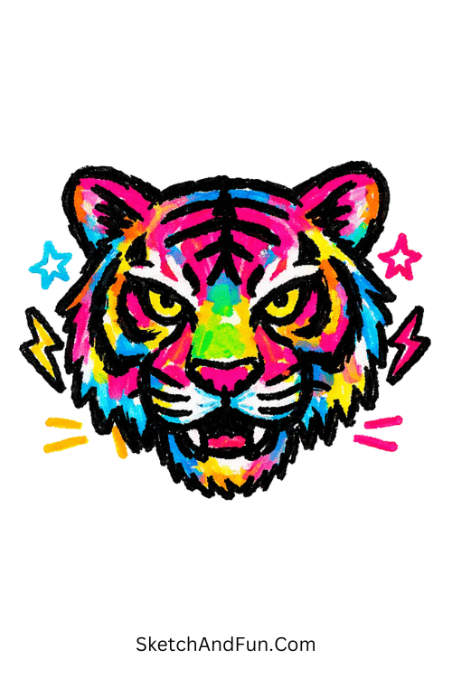 Neon tiger face with bold glow and strong outlines, Posca drawing easy