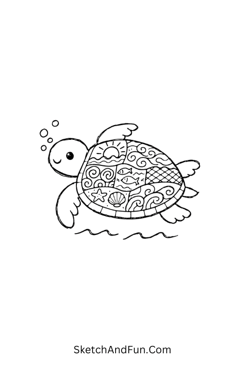 Sea turtle with mosaic shell and wave motifs, Animal Zentangle patterns