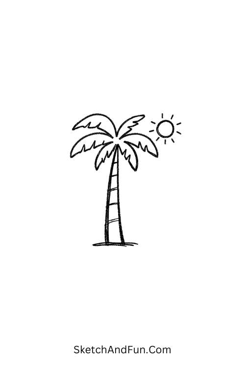 Tall palm tree silhouette with sunset glow, Summer July drawings