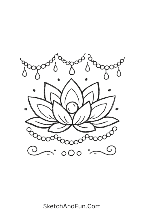 Pearl-like lotus petals arranged in calm circular rhythm, Zentangle floral doodle patterns