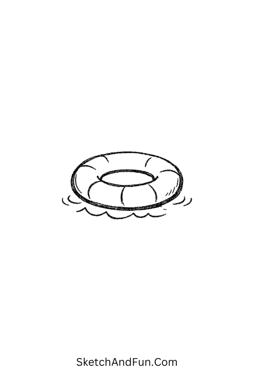 Pool float ring on gentle water ripple, summer August drawings