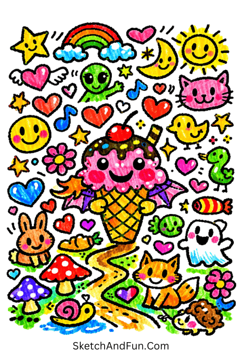 Full page doodle mix of stars, hearts, and faces, Posca pen drawing ideas
