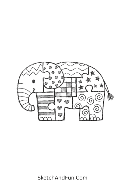 Elephant silhouette with puzzle-like textured sections, Zentangle templates