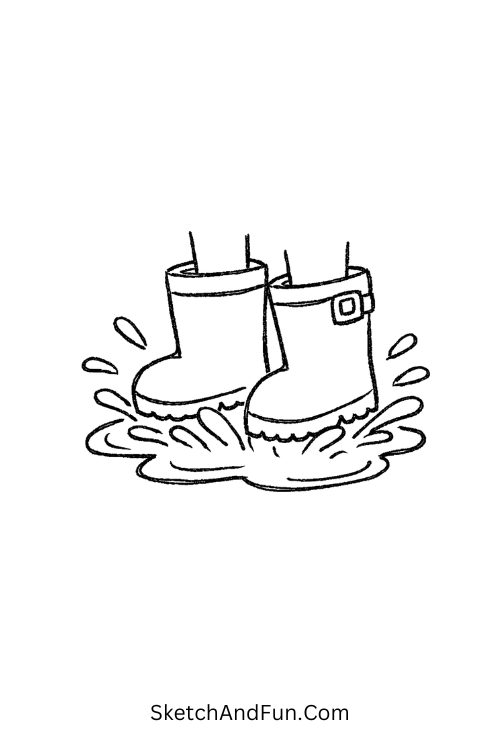 Rain boots stepping into water splash, July drawing for beginners