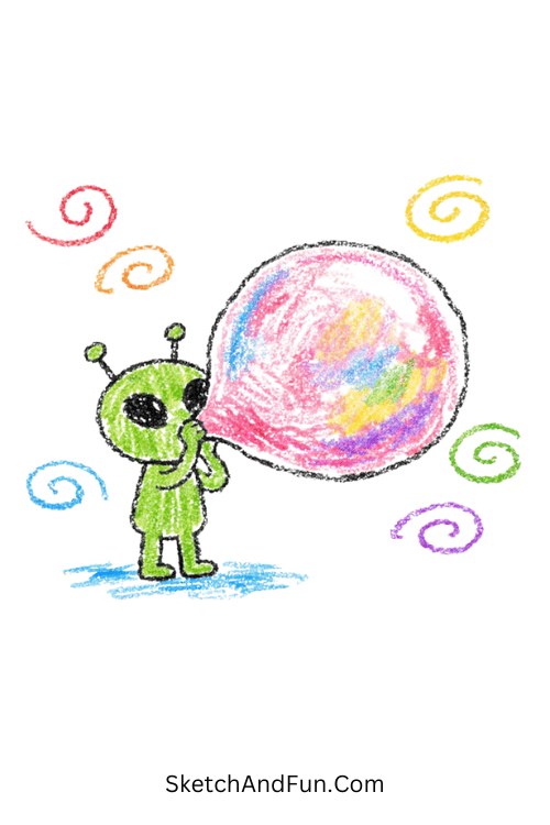 A tiny alien blowing colorful bubblegum with swirling effects, colorful funky art
