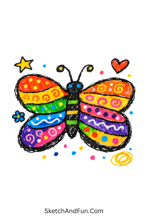 Colorful butterfly wings with dots and patterns, Posca flower drawing ideas