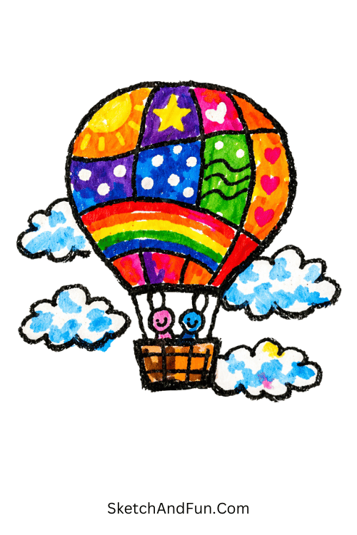 Floating rainbow hot air balloon in soft cloudy sky, acrylic marker drawing Pinterest ideas