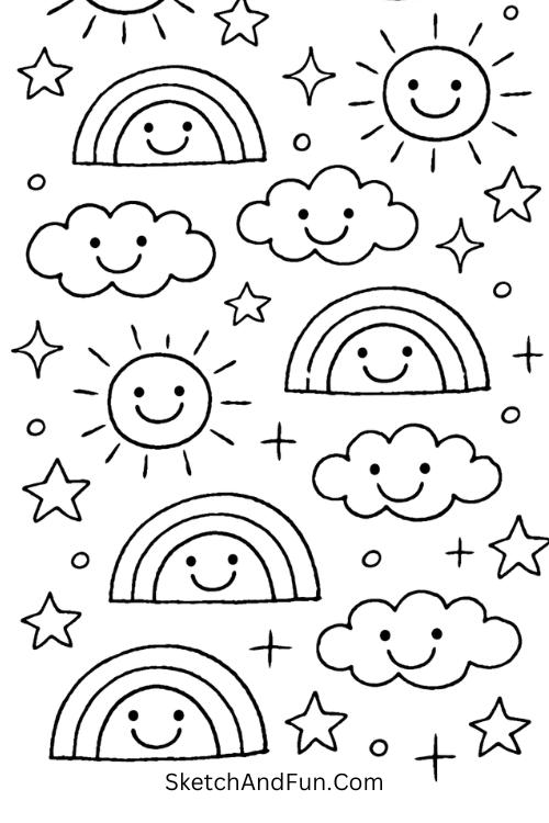 Smiling rainbows, suns, clouds, stars, and sparkles spread across a bright cheerful page, easy full page coloring doodle designs