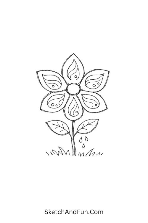 Droplet petal flower with smooth flowing inner lines, Zentangle flower doodle tutorial