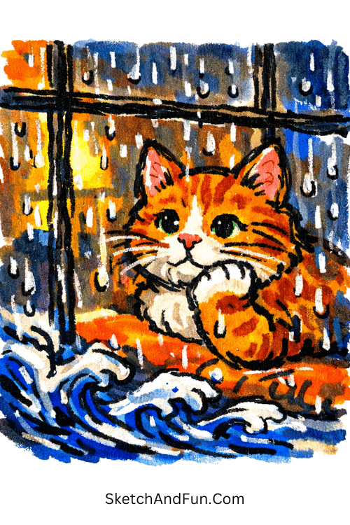 Cozy cat sitting by a rainy window with warm indoor glow, simple marker drawing ideas for beginners