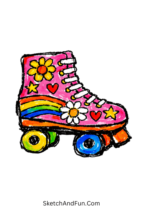 Retro roller skate with hearts, stars, and playful patterns, acrylic marker doodle ideas