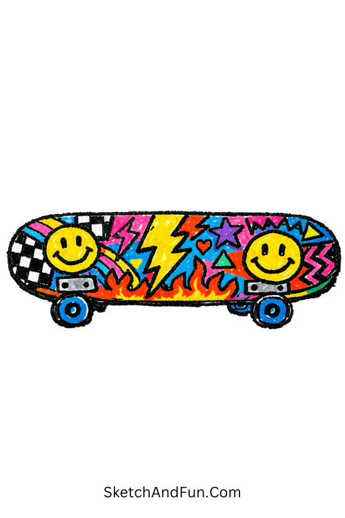 Skateboard covered in bold neon shapes and street patterns, Posca marker designs