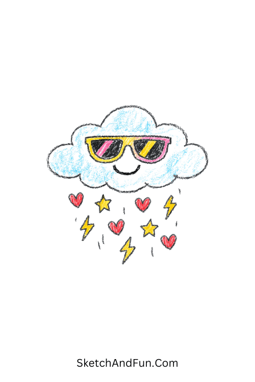 A smiling cloud with sunglasses and falling stars and hearts, funky aesthetic drawings